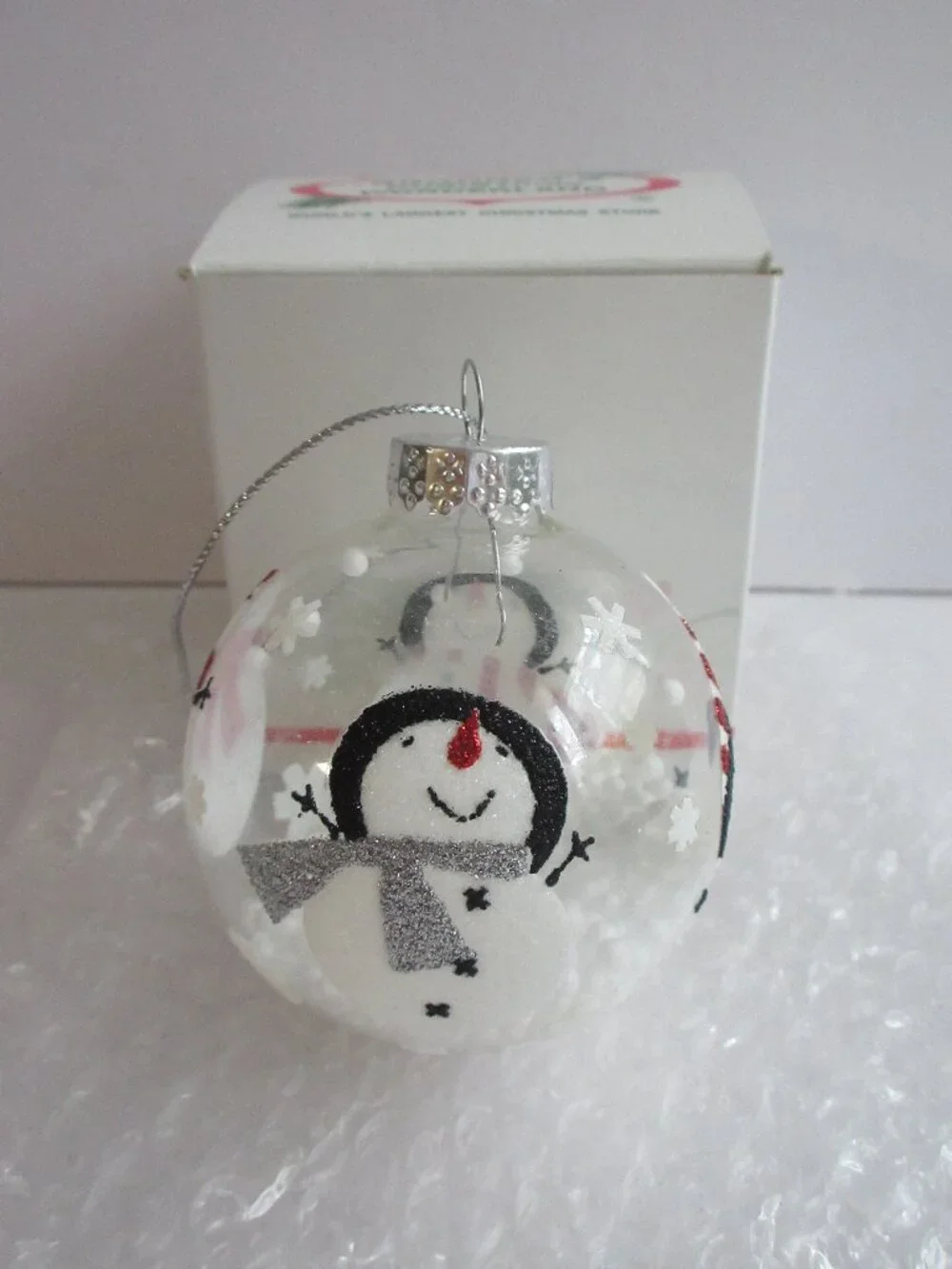 Bronner's Snowmen on Clear Glass Christmas Ornament G&L Cap Faux Snow Beads